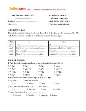 Bộ đề kiểm tra học kỳ II môn Tiếng Anh Lớp 6 - Năm học 2014-2015 - Trường THCS Bình Châu (Có đáp án)