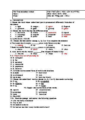 Bộ đề thi thử lần 1 vào Lớp 10 môn Tiếng Anh - Năm học 2019-2020 - Trường THCS Thị Trấn