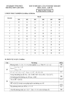 Đáp án đề khảo sát chất lượng lần 4 môn Toán Lớp 10 - Năm học 2018-2019 - Trường THPT Liễn Sơn