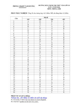 Đáp án đề thi thử vào Lớp 10 THPT môn Tiếng Anh năm 2016 - Phòng giáo dục và đào tạo Tam Dương