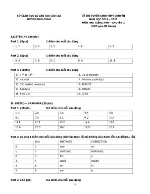 Đáp án đề thi tuyển sinh Lớp 10 THPT chuyên môn Tiếng Anh (Chuyên 2) - Năm học 2019-2020 - Phòng giáo dục và đào tạo Lào Cai (Có đáp án)