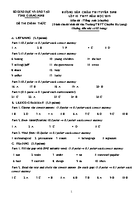 Đáp án đề thi tuyển sinh Lớp 10 THPT môn Tiếng Anh năm 2019 - Sở giáo dục và đào tạo Quảng Ninh