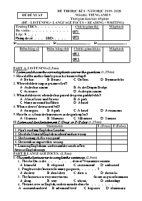 Đề đề xuất thi học kỳ I môn Tiếng Anh Lớp 9 - Năm học 2019-2020 (Có đáp án)