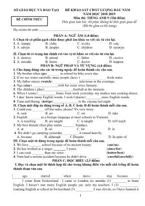Đề khảo sát chất lượng đầu năm môn Tiếng Anh Lớp 9 (Thí điểm) - Năm học 2018-2019