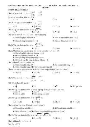 Đề kiểm tra 1 tiết Chương II môn Toán Lớp 10 - Đề số 7 - Trường THPT Huỳnh Thúc Kháng