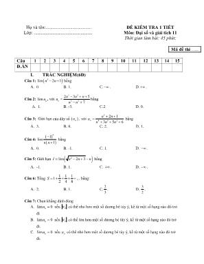 Đề kiểm tra 1 tiết môn Đại số và Giải tích Lớp 11