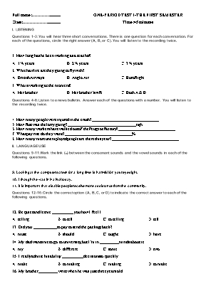 Đề kiểm tra 1 tiết số 1 môn Tiếng Anh Lớp 11 (Có đáp án)