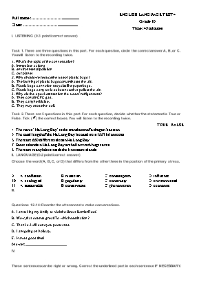 Đề kiểm tra 1 tiết số 4 môn Tiếng Anh Lớp 10 (Thí điểm) (Có đáp án)