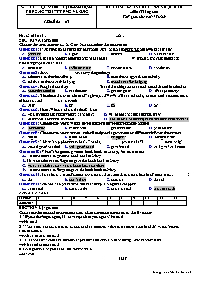 Đề kiểm tra 15 phút lần 3 học kì II môn Tiếng Anh Lớp 12 - Mã đề 169 - Trường THPT Trưng Vương (Kèm đáp án)