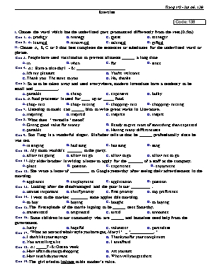 Đề kiểm tra 15 phút môn Tiếng Anh Lớp 12 - Mã đề 138