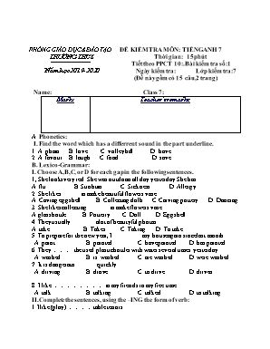 Đề kiểm tra 15 phút số 1 môn Tiếng Anh Lớp 7 - Năm học 2019-2020 - Trường THCS Cẩm Bình