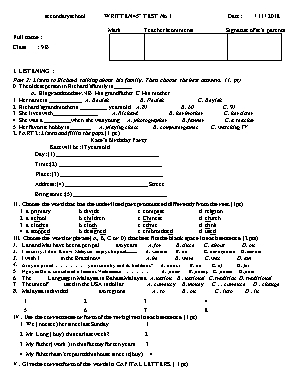 Đề kiểm tra 45 phút lần 1 môn Tiếng Anh Lớp 9 - Năm học 2018-2019 (Có đáp án)