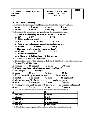 Đề kiểm tra 45 phút môn Tiếng Anh Lớp 7 - Đề số 2 - Trường THCS Tâm Đào