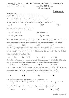 Đề kiểm tra chất lượng học kỳ I môn Toán Lớp 11 - Mã đề 160 - Năm học 2018-2019 - Trường THPT Quỳnh Thọ (Có đáp án)