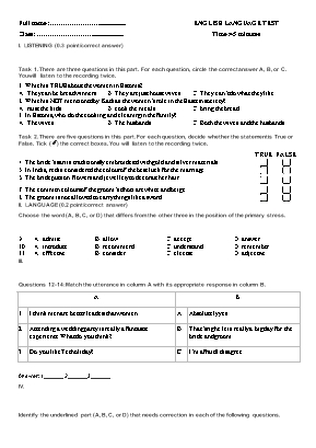 Đề kiểm tra học kì 2 môn Tiếng Anh Lớp 10 (Thí điểm) (Có đáp án)