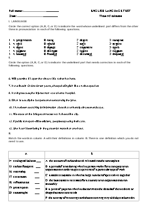 Đề kiểm tra học kì 2 môn Tiếng Anh Lớp 11 (Thí điểm) (Có đáp án)