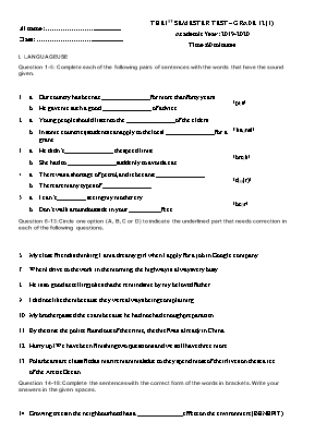 Đề kiểm tra học kì I môn Tiếng Anh Lớp 12 - Năm học 2019-2020 (Có đáp án)