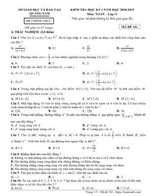 Đề kiểm tra học kì I môn Toán Lớp 11 - Mã đề 101 - Năm học 2018-2019 - Sở giáo dục và đào tạo Quảng Nam (Có đáp án)
