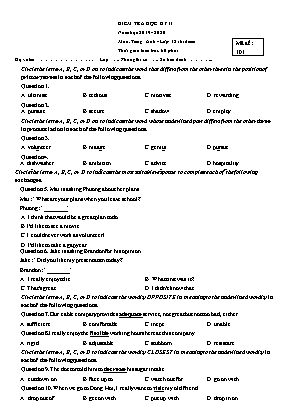 Đề kiểm tra học kỳ II môn Tiếng Anh Lớp 12 (Chương trình thí điểm) - Mã đề 101 - Năm học 2019-2020 (Có đáp án)