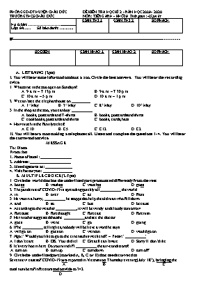 Đề kiểm tra học kỳ II môn Tiếng Anh Lớp 9 - Năm học 2019-2020 - Trường THCS Châu Đức (Có đáp án)