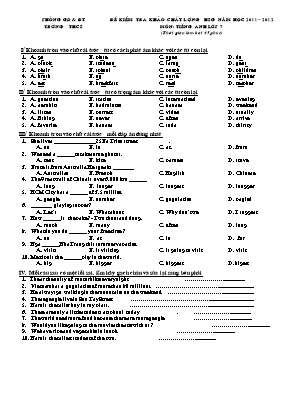 Đề kiểm tra khảo sát chất lượng học sinh giỏi môn Tiếng Anh Lớp 7 - Năm học 2011-2012