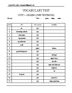 Đề kiểm tra  từ vựng Unit 1 môn Tiếng Anh Lớp 6 - Nguyễn Thu Ngân