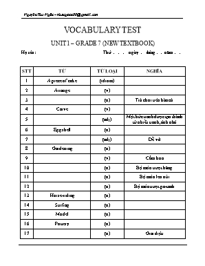 Đề kiểm tra từ vựng Unit 1 môn Tiếng Anh Lớp 7 - Nguyễn Thu Ngân