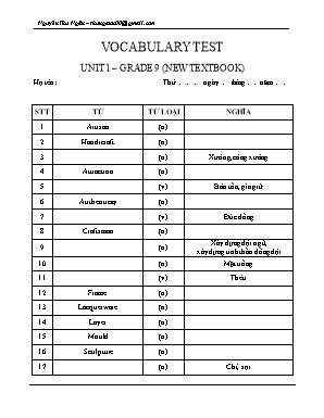 Đề kiểm tra từ vựng Unit 1 môn Tiếng Anh Lớp 9 - Nguyễn Thu Ngân