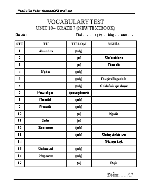 Đề kiểm tra từ vựng Unit 10 môn Tiếng Anh Lớp 7 - Nguyễn Thu Ngân