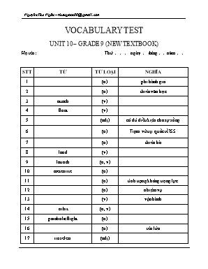 Đề kiểm tra từ vựng Unit 10 môn Tiếng Anh Lớp 9 - Nguyễn Thu Ngân