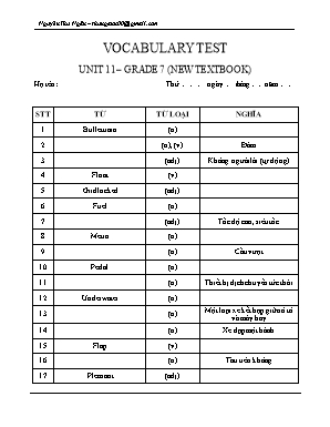 Đề kiểm tra từ vựng Unit 11 môn Tiếng Anh Lớp 7 - Nguyễn Thu Ngân
