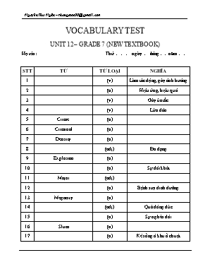 Đề kiểm tra từ vựng Unit 12 môn Tiếng Anh Lớp 7 - Nguyễn Thu Ngân