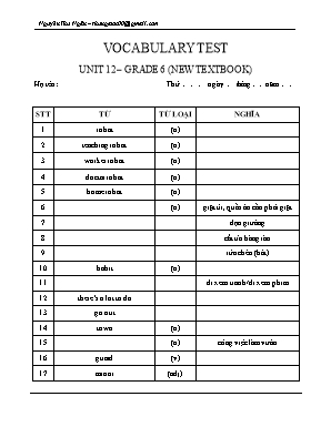Đề kiểm tra từ vựng Unit 17 môn Tiếng Anh Lớp 6 - Nguyễn Thu Ngân