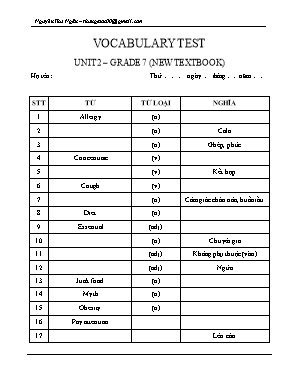 Đề kiểm tra từ vựng Unit 2 môn Tiếng Anh Lớp 7 - Nguyễn Thu Ngân