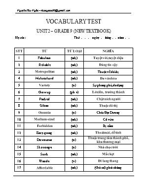 Đề kiểm tra từ vựng Unit 2 môn Tiếng Anh Lớp 9 - Nguyễn Thu Ngân