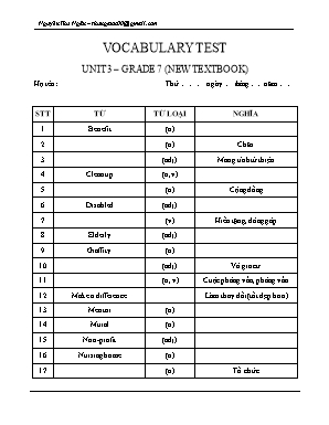 Đề kiểm tra từ vựng Unit 3 môn Tiếng Anh Lớp 7 - Nguyễn Thu Ngân