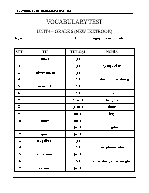 Đề kiểm tra từ vựng Unit 4 môn Tiếng Anh Lớp 6 - Nguyễn Thu Ngân