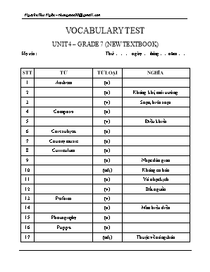 Đề kiểm tra từ vựng Unit 4 môn Tiếng Anh Lớp 7 - Nguyễn Thu Ngân