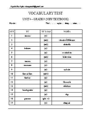 Đề kiểm tra từ vựng Unit 4 môn Tiếng Anh Lớp 9 - Nguyễn Thu Ngân
