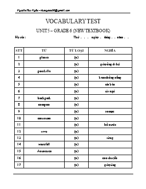 Đề kiểm tra từ vựng Unit 5 môn Tiếng Anh Lớp 6 - Nguyễn Thu Ngân