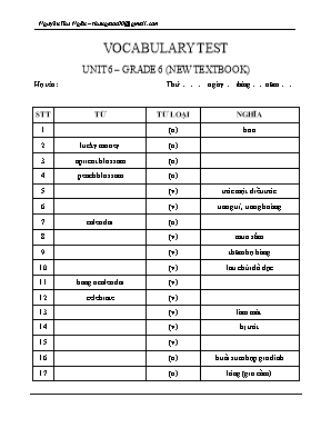 Đề kiểm tra từ vựng Unit 6 môn Tiếng Anh Lớp 6 - Nguyễn Thu Ngân