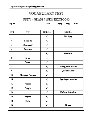 Đề kiểm tra từ vựng Unit 6 môn Tiếng Anh Lớp 7 - Nguyễn Thu Ngân