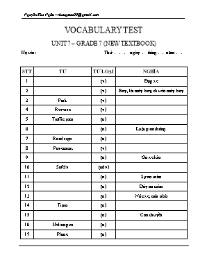 Đề kiểm tra từ vựng Unit 7 môn Tiếng Anh Lớp 7 - Nguyễn Thu Ngân