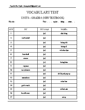 Đề kiểm tra từ vựng Unit 8 môn Tiếng Anh Lớp 6 - Nguyễn Thu Ngân