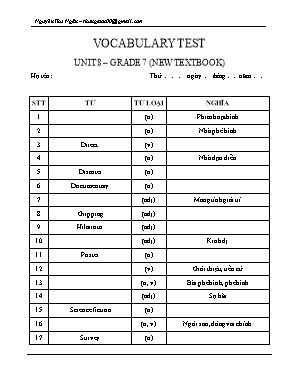 Đề kiểm tra từ vựng Unit 8 môn Tiếng Anh Lớp 7 - Nguyễn Thu Ngân