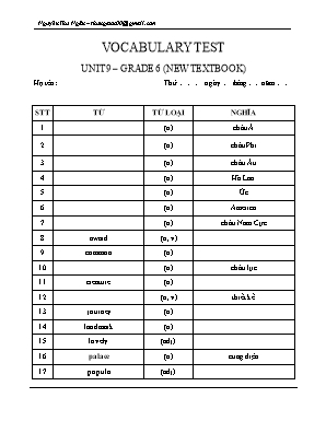 Đề kiểm tra từ vựng Unit 9 môn Tiếng Anh Lớp 6 - Nguyễn Thu Ngân