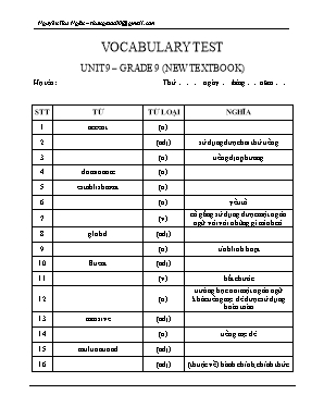 Đề kiểm tra từ vựng Unit 9 môn Tiếng Anh Lớp 9 - Nguyễn Thu Ngân