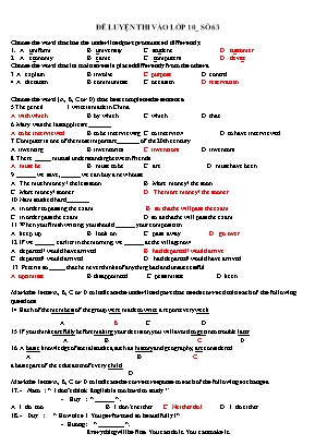 Đề luyện thi vào Lớp 10 môn Tiếng Anh - Đề số 63 (Có đáp án)