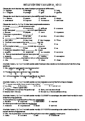 Đề luyện thi vào Lớp 10 THPT môn Tiếng Anh - Đề số 22