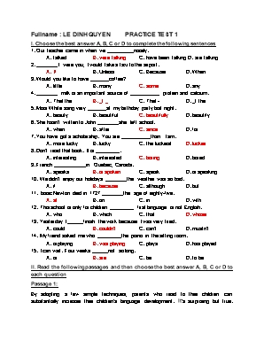 Đề ôn thi học sinh giỏi môn Tiếng Anh Lớp 7 - Lệ Đình Quyên (Kèm đáp án)